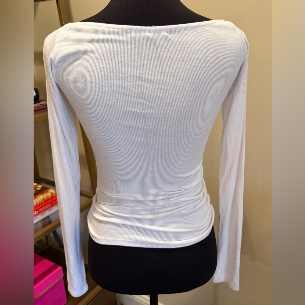 Joah Brown White Square Neck Long Sleeve Ribbed Top Fitted Stretch S - Picture 3 of 6